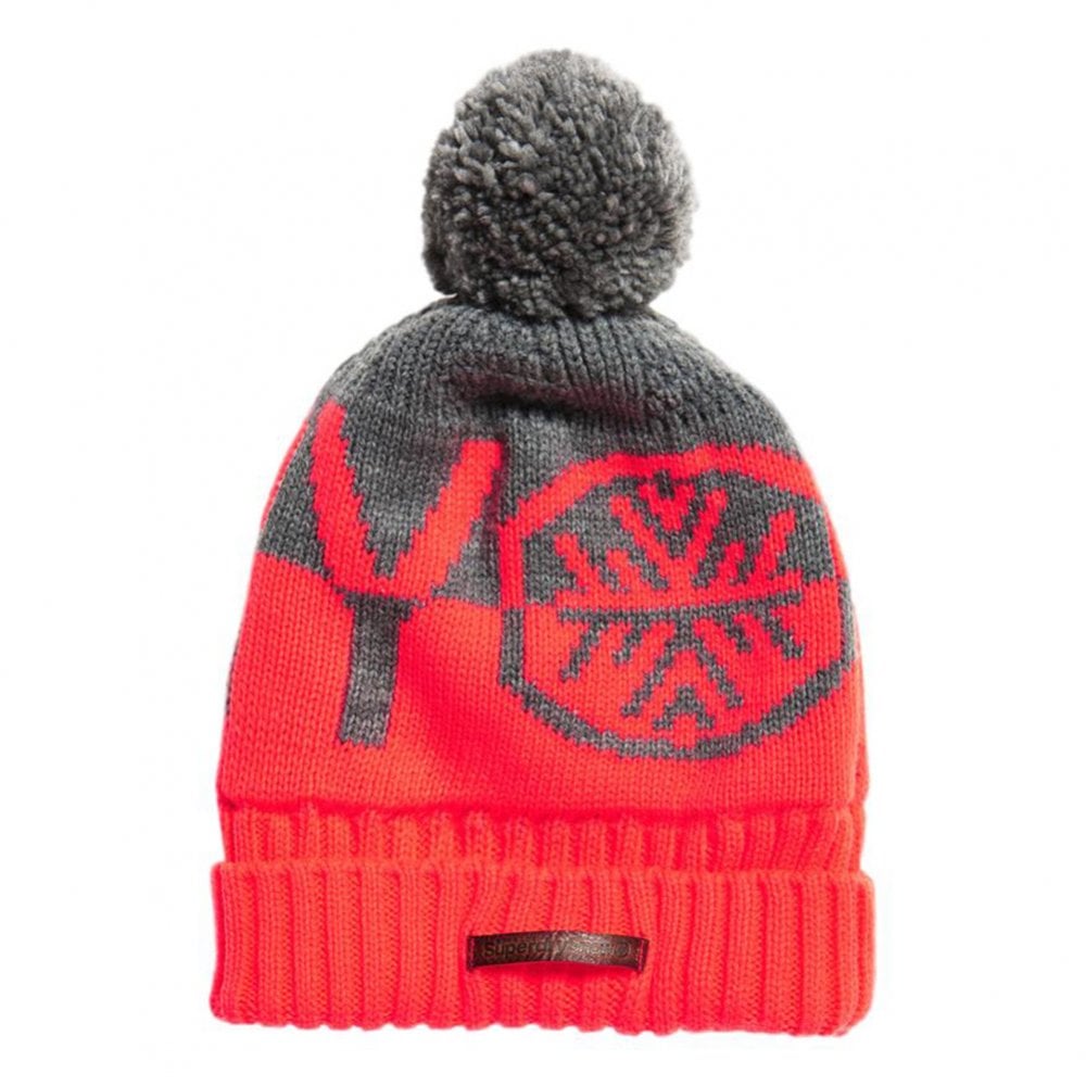 Superdry S-Dry Snow Logo Beanie - Grey / Fluro Coral